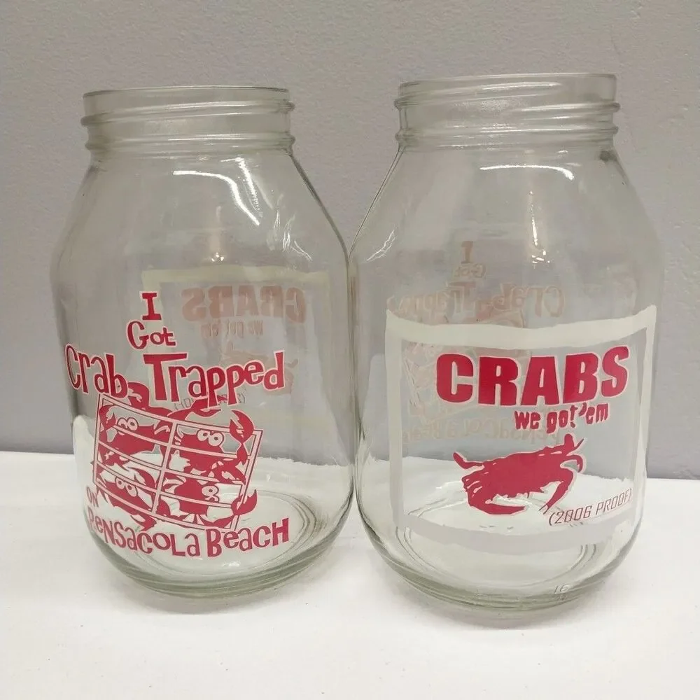 Pensacola Beach Crab 30oz Glass Jars Set 2 Funny Barware Souvenir